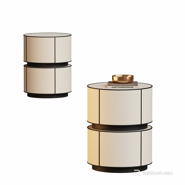 Modern Round Bedside Table With Stacked Leather Layers And Decorative Top Tray 3d model