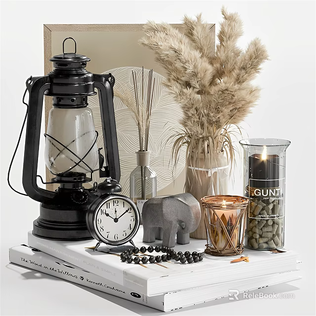 Decorative Ornament Set With Black Lantern Alarm Clock Elephant Figurine And Dried Pampas Grass 3d model 