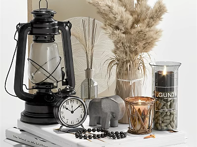 Decorative Ornament Set With Black Lantern Alarm Clock Elephant Figurine And Dried Pampas Grass 3d model