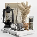 Decorative Ornament Set With Black Lantern Alarm Clock Elephant Figurine And Dried Pampas Grass