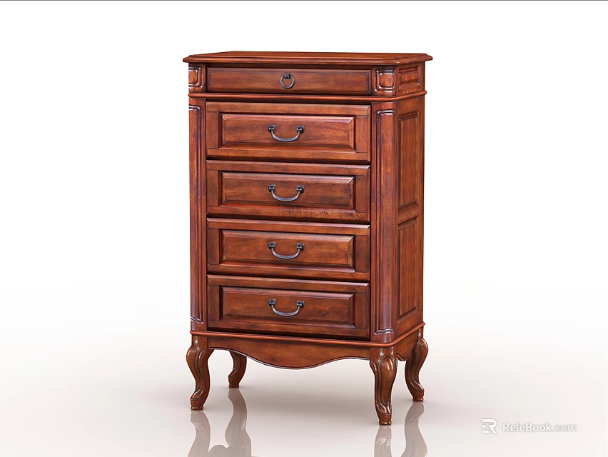 Classic Style Wooden Chest of Drawers with Carved Details and Curved Legs 3d model 