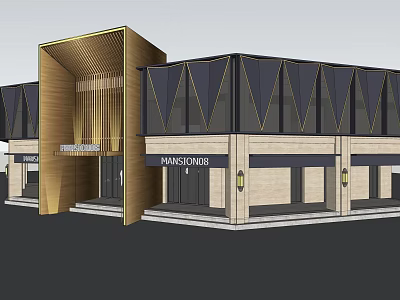 Modern Sales Office Building With Geometric Glass Facade Wooden Structure And Mansion88 Signage 3d model