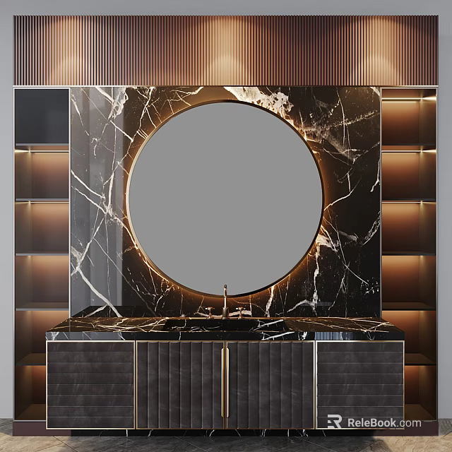 Modern Bathroom Vanity With Round Gold Frame Mirror Marble Countertop Lighting Strips And Black Cabinets 3d model 