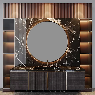 Modern Bathroom Vanity With Round Gold Frame Mirror Marble Countertop Lighting Strips And Black Cabinets 3d model