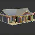 Traditional Architecture with Curved Eaves Large Windows Light Gray Roof Yellow Trim and Brown Walls