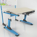 Blue Study Desk with Adjustable Stand Multi Layer Shelves and Colorful Artwork 3d model
