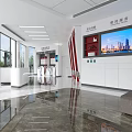 Modern Bank Lobby Interior With Floor to Ceiling Windows White Reception Desk And Red Partitions