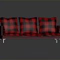 Modern Sofa With Red And Black Checkered Cushions Red Frame And Silver Metal Legs