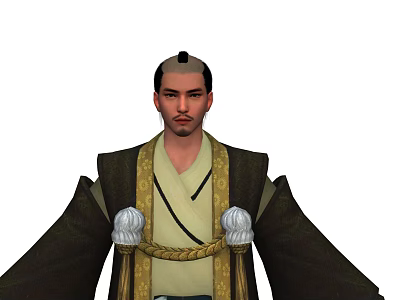 Man in Traditional Clothing with Dark Robe Light Inner Garment and Braided Belt Hairstyle 3d model
