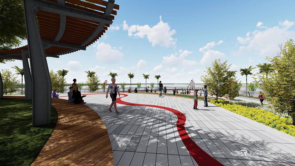 Waterfront Landscape Public Space With Red Pathway People Walking And Wooden Shelter 3d model 
