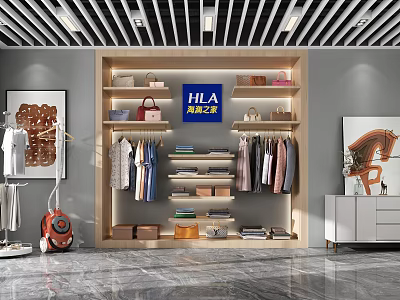 Modern Retail Display Shelves Design With Clothes Bags And Folded Items In Store Interior 3d model