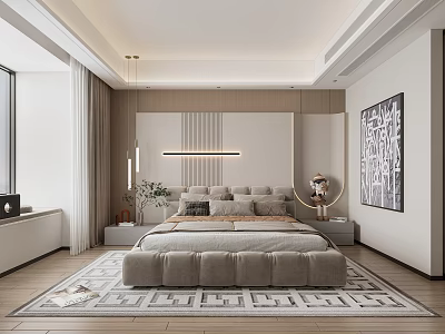 Modern Bedroom Interior With Large Bed Headboard Area Rug And Wall Art 3d model