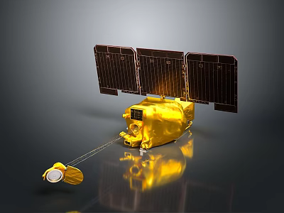 Advanced Golden Satellite Equipment With Solar Panels And Communication Antenna System 3d model