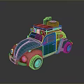 Classic Volkswagen Beetle with Colorful Blue Green Red Body and Roof Rack Luggage