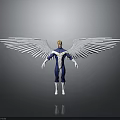 Winged Character with Large White Wings in Blue and White Suit Standing on Neutral Background
