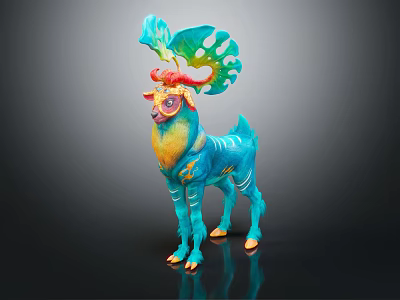 Colorful Deer Like Mythical Creature With Large Plant Coral Antlers Turquoise Body Yellow Orange Markings 3d model