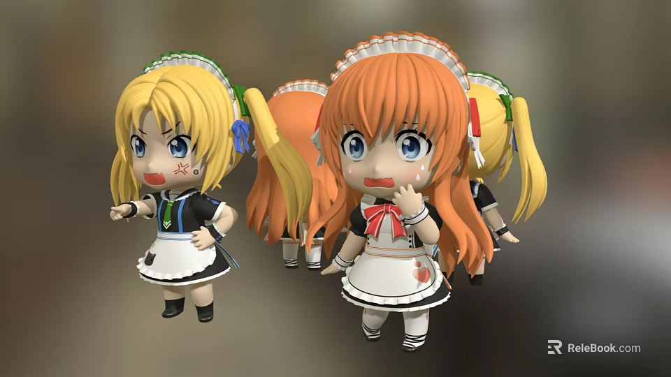 Cute Anime Style Dolls With Blonde And Orange Hair Twintails In Maid Outfits 3d model 