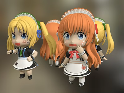 Cute Anime Style Dolls With Blonde And Orange Hair Twintails In Maid Outfits 3d model