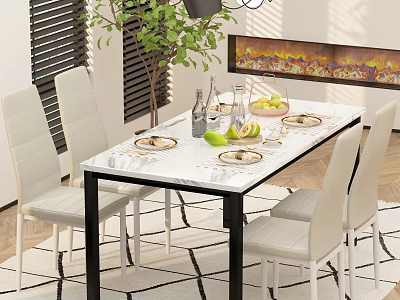 Elegant Dining Table Set With White Marble Top Four Leather Chairs Fruit Basket And Green Plant 3d model