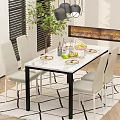 Elegant Dining Table Set With White Marble Top Four Leather Chairs Fruit Basket And Green Plant