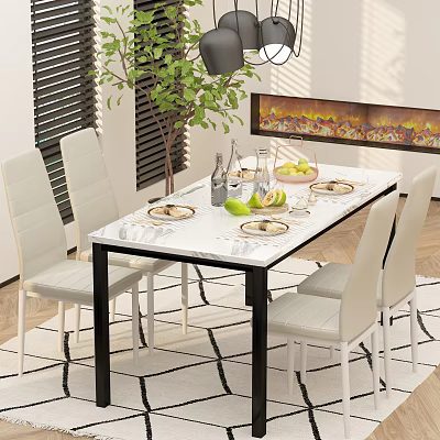 Elegant Dining Table Set With White Marble Top Four Leather Chairs Fruit Basket And Green Plant 3d model