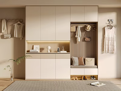 Modern Kitchen Interior With White Cabinets Hanging Racks Bench And Green Plants 3d model