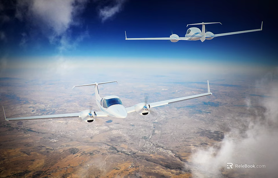 Two Passenger Jets Flying High in Blue Sky With Clouds and Ground Terrain 3d model 