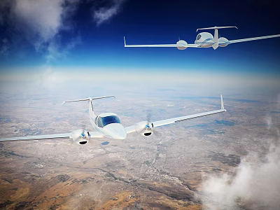 Two Passenger Jets Flying High in Blue Sky With Clouds and Ground Terrain 3d model