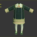 Children's Green Dress with White Collar Red Bow Tie Beige Cuffs Hem Stitched Details