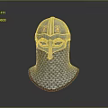 Medieval Metal Helmet With Decorative Golden Details And Chainmail Protective Gear