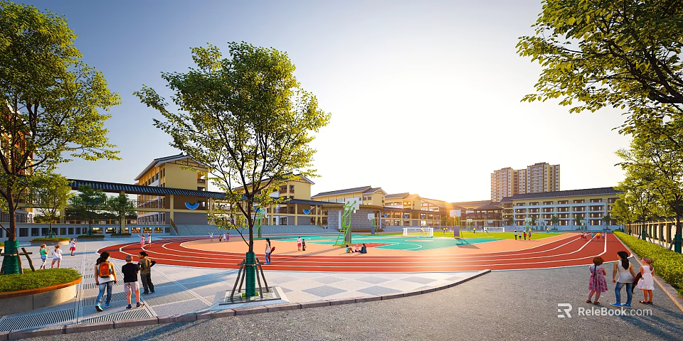 Modern School Building With Classroom Wings Playground Track Green Trees And Students 3d model 
