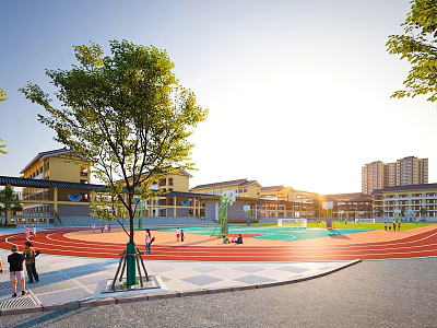 Modern School Building With Classroom Wings Playground Track Green Trees And Students 3d model