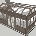 Wooden Porch Structure With Glass Windows Central Double Doors And Triangular Roof Rafters
