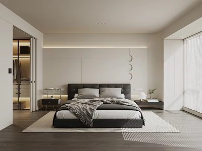 Modern Bedroom Interior Design With Black Bed Nightstands Area Rug And Recessed Lighting 3d model