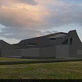 Modern Post Station Architectural Design With Curved Roof Glass Facade And Green Lawn
