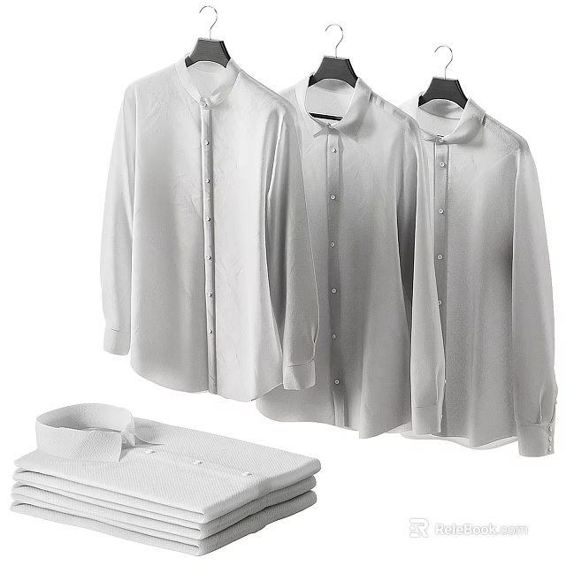 Classic White Long Sleeve Shirts Hanging and Folded with Collared Style 3d model 
