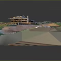 3D Terrain Model with Colorful Layers Sunken Area and Small Structures on Top 3d model