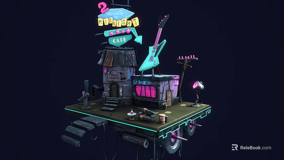 Cartoon Scene With 24h Cafe Neon Sign Green Guitar Old House And Platform Steps 3d model 