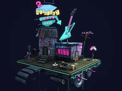 Cartoon Scene With 24h Cafe Neon Sign Green Guitar Old House And Platform Steps 3d model