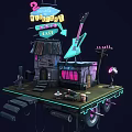 Cartoon Scene With 24h Cafe Neon Sign Green Guitar Old House And Platform Steps