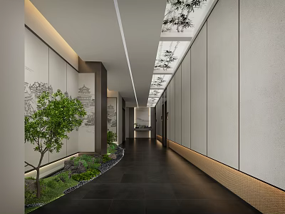 Modern Hotel Corridor with Wall Panels Green Plants Dark Floor and Ambient Lighting 3d model