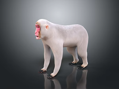 White Monkey With Pink Face Standing On Black Reflective Background Surface 3d model