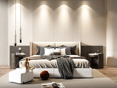 Modern Double Bed In Elegant Bedroom With Striped Wall And Nightstands 3d model