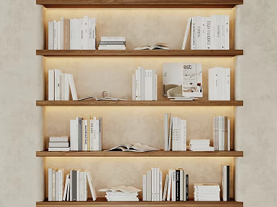 Organized Books And Magazines On Wooden Bookshelf With Open Pages And Warm Lighting 3d model