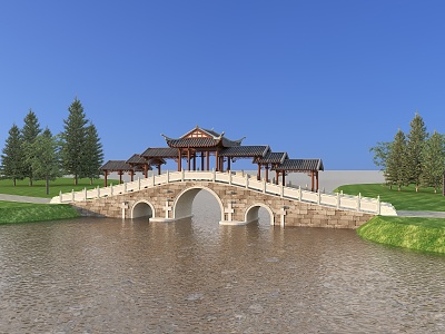 Chinese-style corridor bridge, jade belt bridge, three-arch bridge 3d model