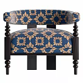 Ornate Blue And Gold Floral Pattern Armchair With Black Wooden Arms And Legs
