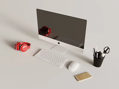 Digital Setup With All In One Computer Headphones Keyboard Mouse And Smartphone 3d model