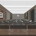Spacious Modern Office Interior With Gray Chairs Large Screen Bookshelves And Green Plants