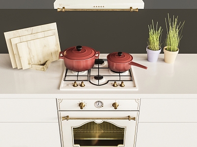 Modern Kitchen Home Modern Kitchenware Cabinet Home Range Hood Casserole Gas Stove Green Planting Flower Pot Cutting Board 3d model