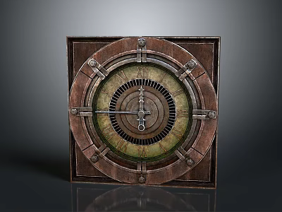 Vintage Mechanical Equipment With Square Wooden Frame Circular Metal Gear Design And Pointer 3d model